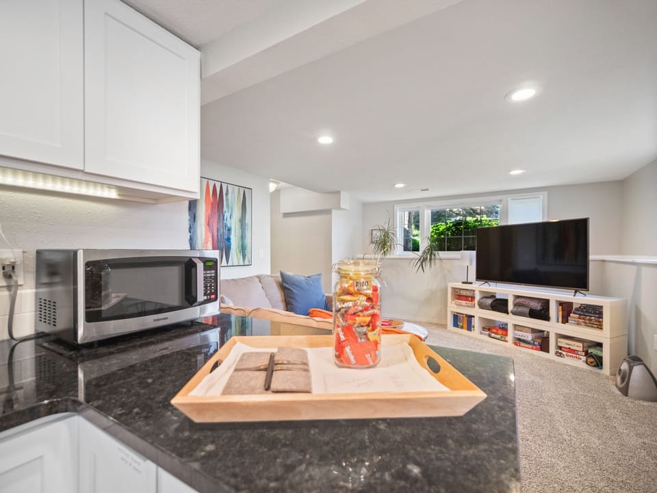 Standing in the kitchen looking into the family room.