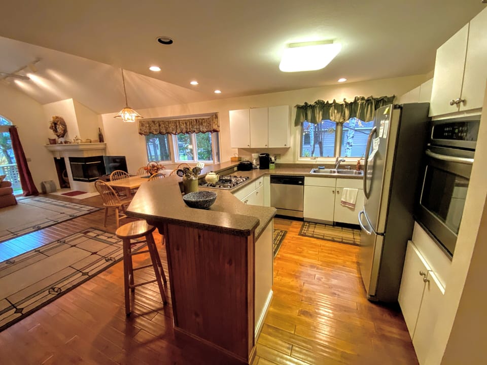 Fully stocked for all your cooking needs and offers stainless steel appliances and a Keurig coffee maker.