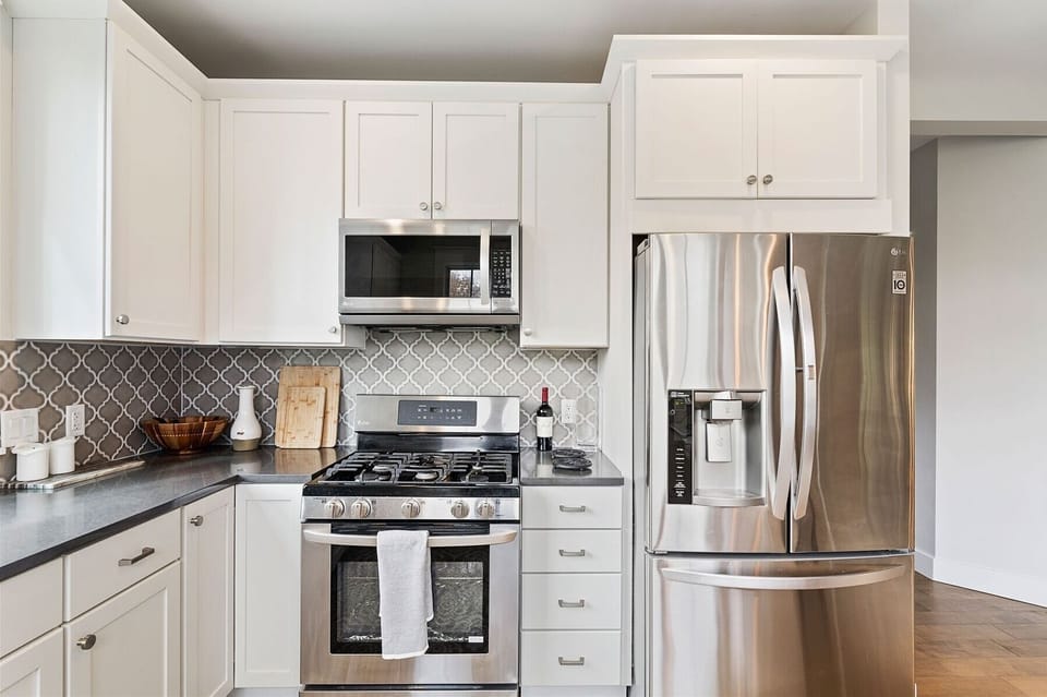 Gleaming stainless appliances