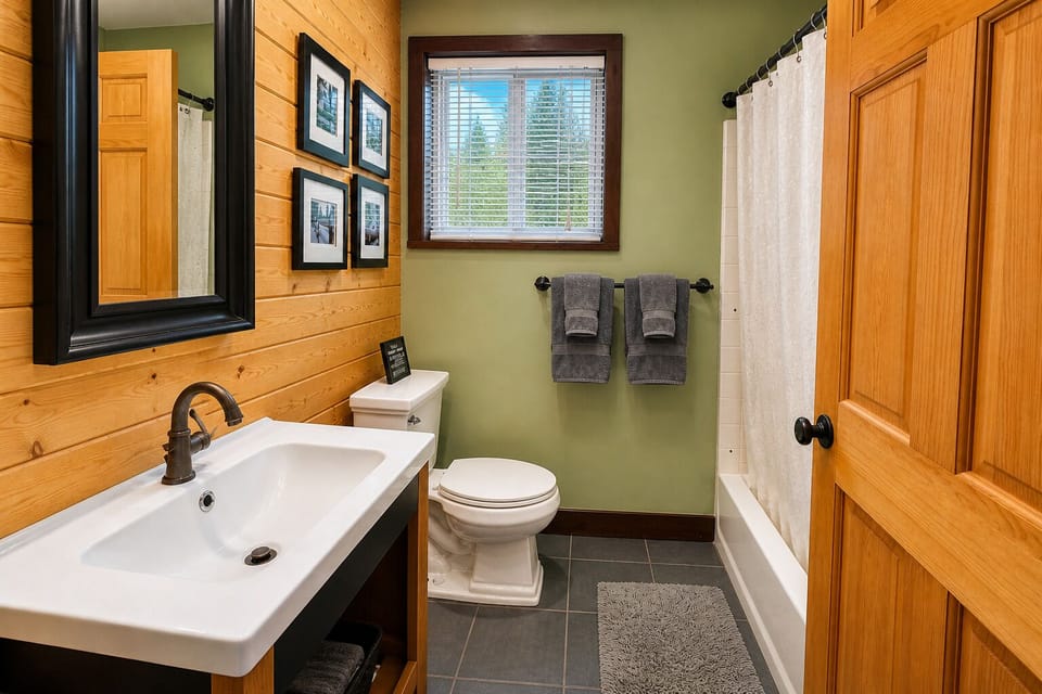 Unwind in this inviting bathroom with a soothing tub, modern vanity, and natural light—your private retreat after a day of adventure.