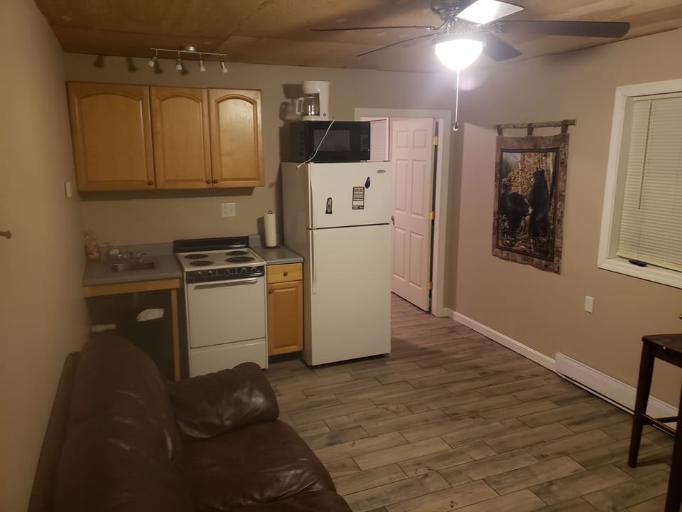 Sofa and kitchen looking towards bedroom
