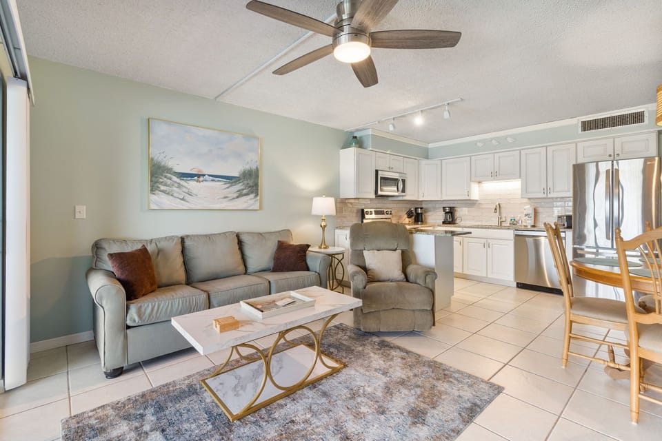 Living area has queen-sized pull-out sofa.