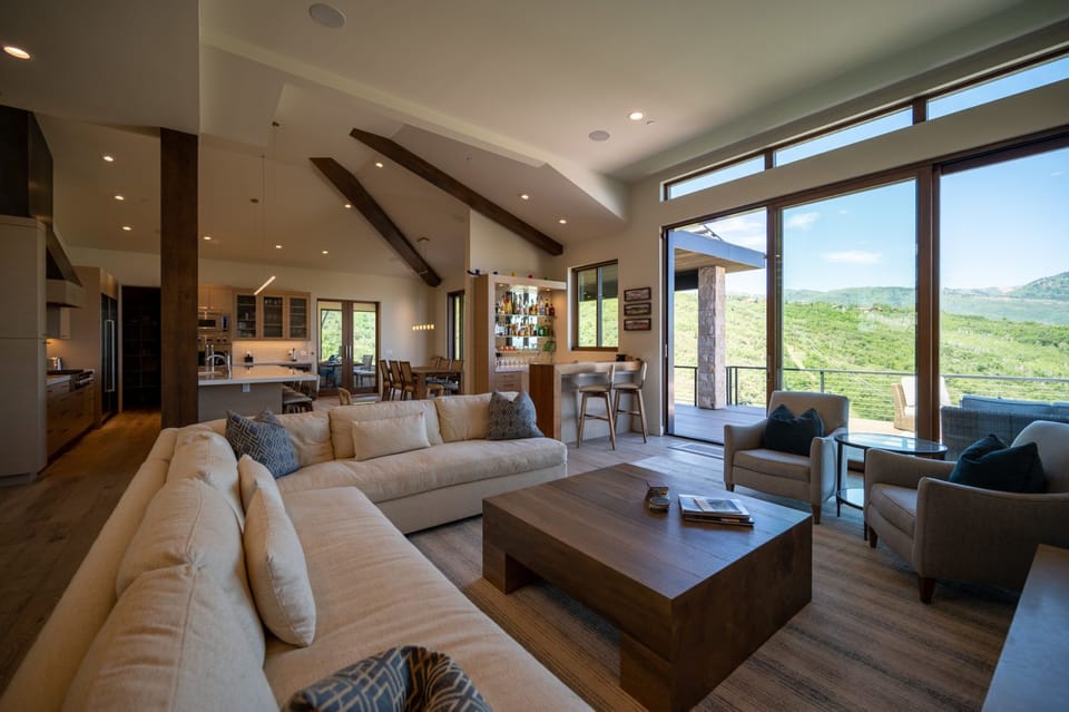 Living room with view of deck