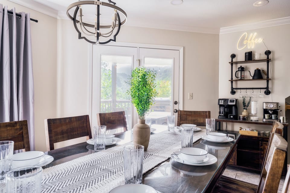A close up view of our dining table and a touch of the coffee corner.