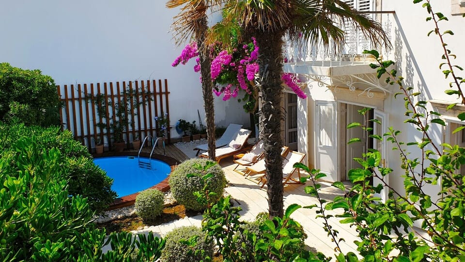 Outdoor terrace with private pool, surrounded by greenery and bushes in a holiday villa in Orebic