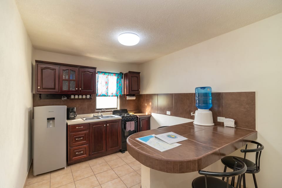 Functional kitchen w/ gas stove, refri, built-in bar for eating or laptop. 