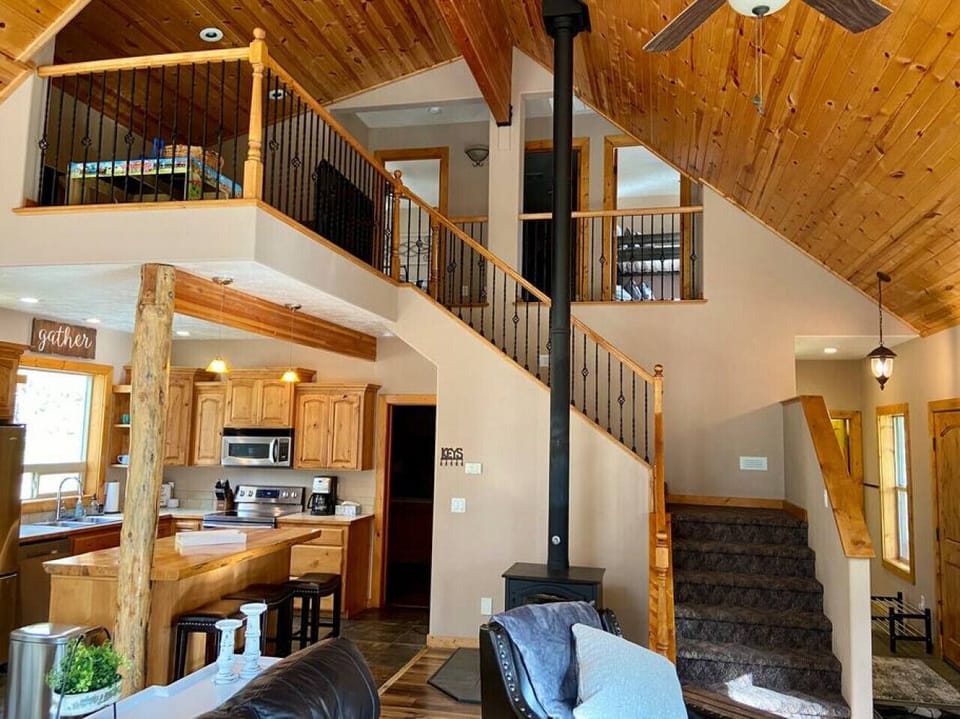 Tongue and Groove Pine Ceilings with Wood Stove