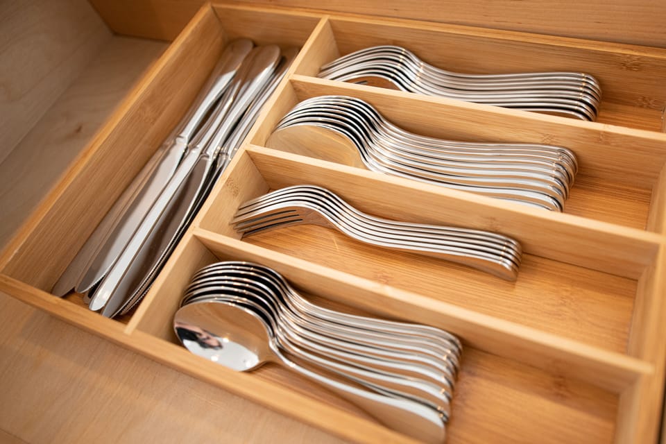 All flatware, plates, glasses, pots pans, acrylic plates & tumblers for outside.