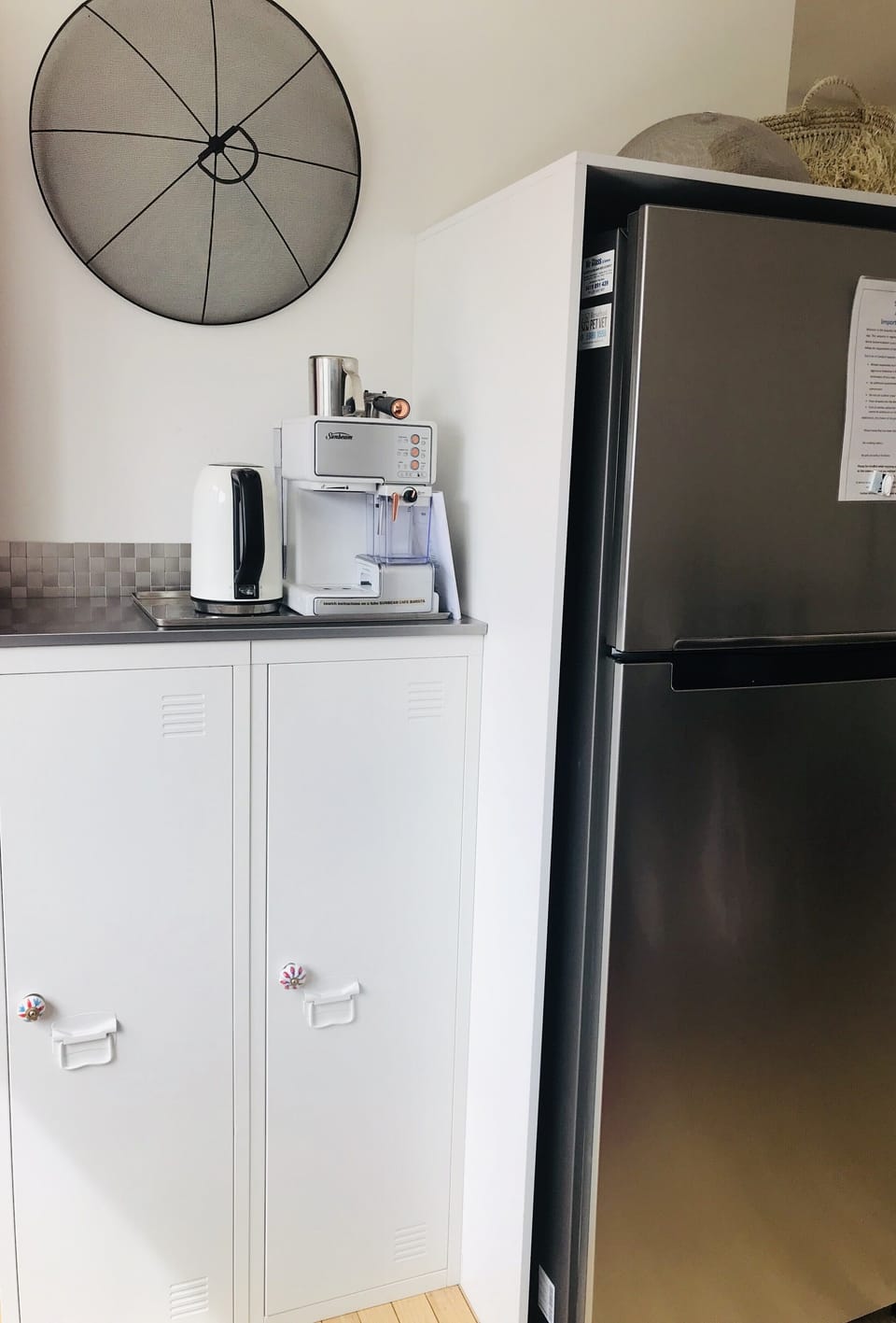 Pantry essentials, coffee machine and large fridge