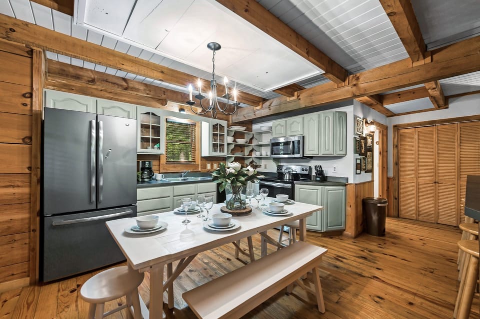The table sits eight, perfect for gathering for family dinners.