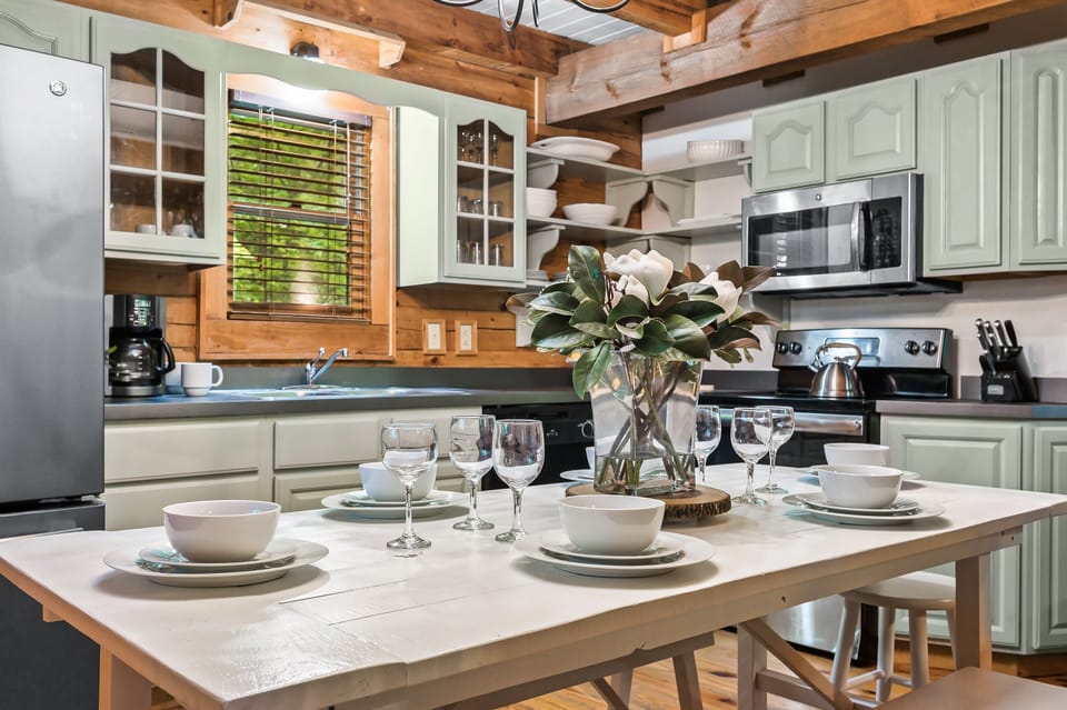 The table sits eight, perfect for gathering for family dinners.