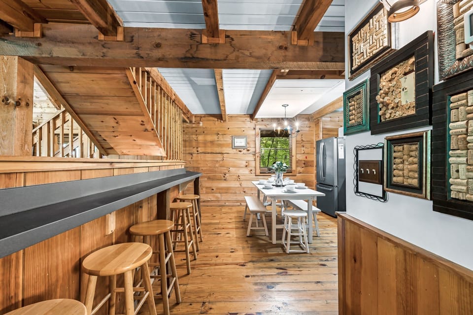 The eat-in kitchen is outfitted for all your cooking and serving needs. 