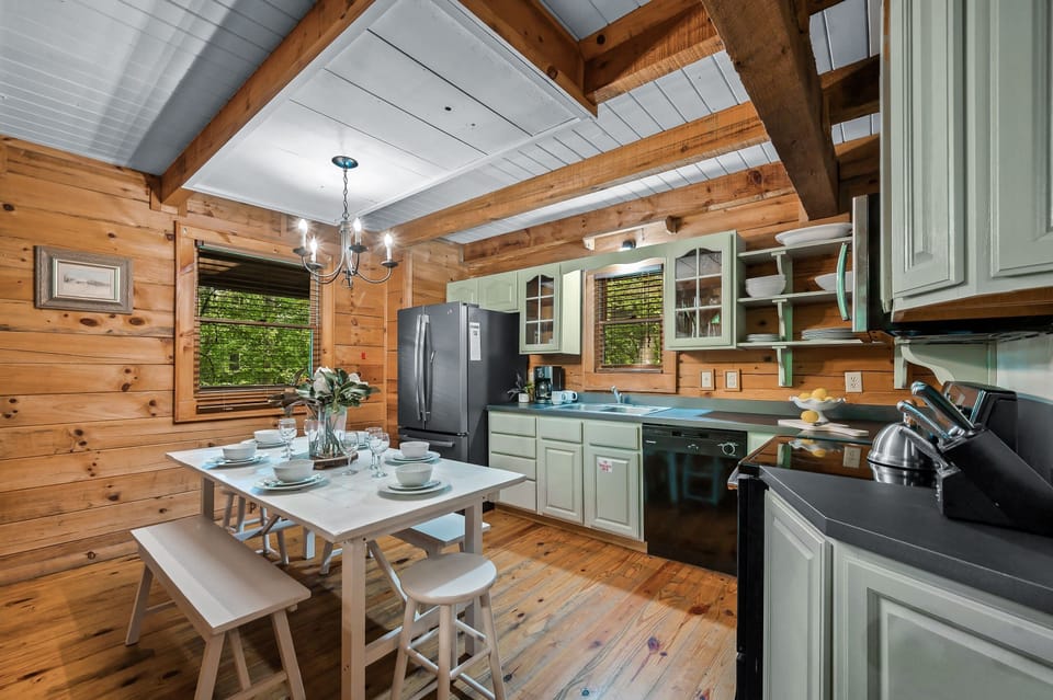 The eat-in kitchen is outfitted for all your cooking and serving needs.