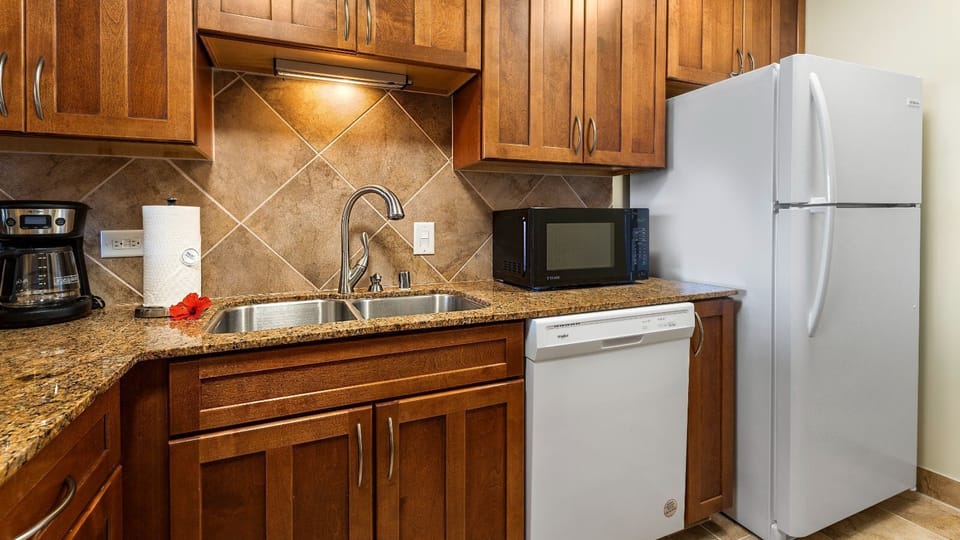 Kitchen sink, fridge, and dishwasher