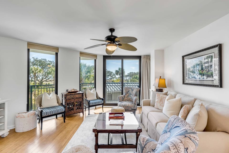 Coastal Living Area highlighting smart TV, comfortable seating, and ocean views