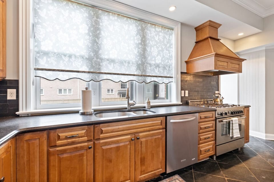 Bright kitchen with electric blind