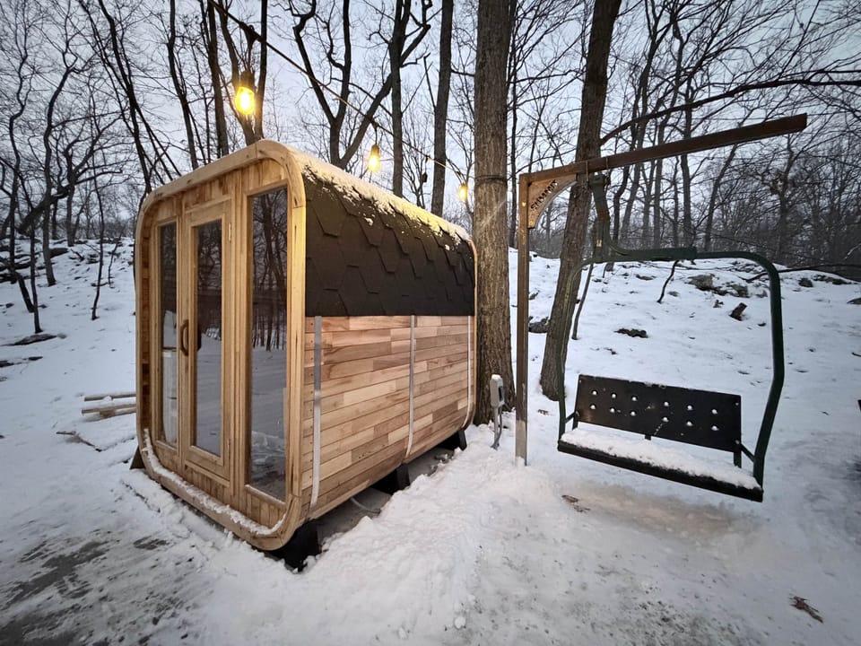 Sauna and custom genuine ski chair swing.