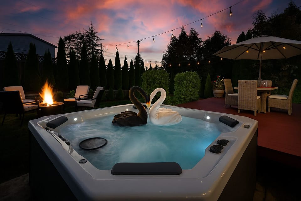 Cozy retreat with hot tub, firepit & dining—perfect for couples or families.