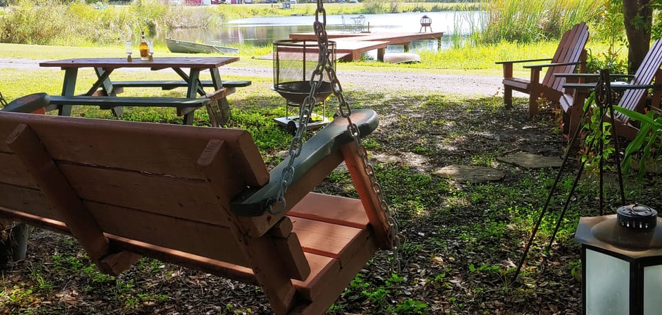 A peaceful view for a picnic by the pond