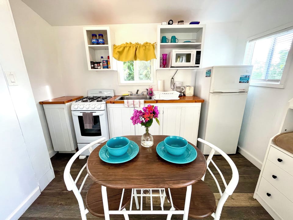 Full size kitchen for in home cooking with ocean views from kitchen window.