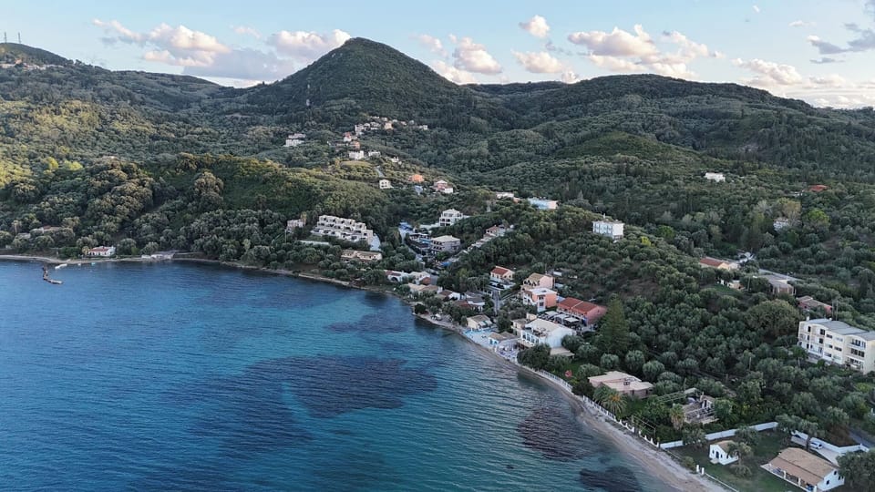 Stunning aerial view of Moraitika Beach, a short 6-min drive from the property.
