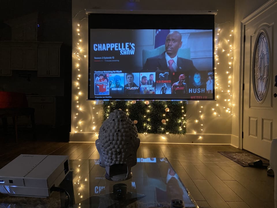 Modern living room with projector, flower wall, vaulted ceilings and LED lights.