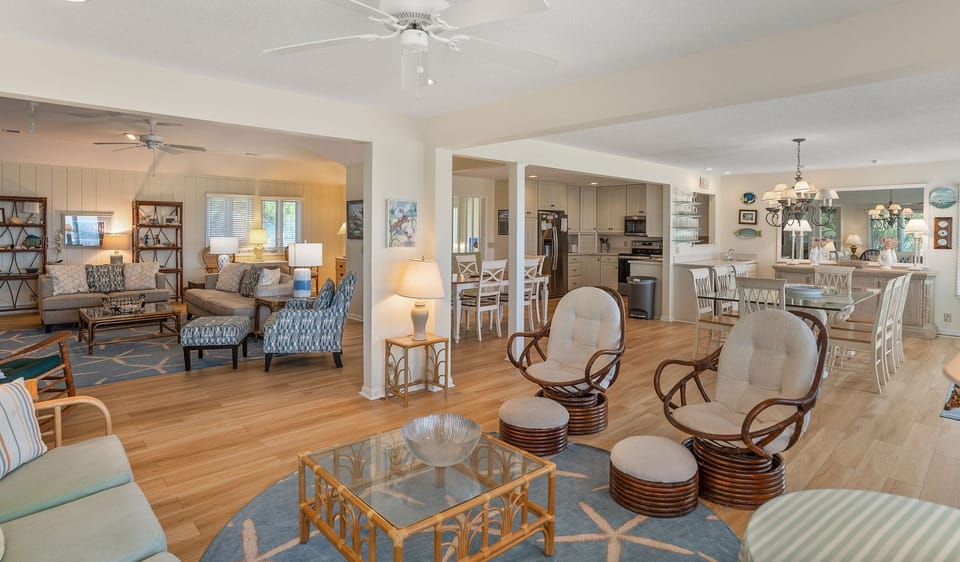 Open floor plan but also divided for relaxing in different areas