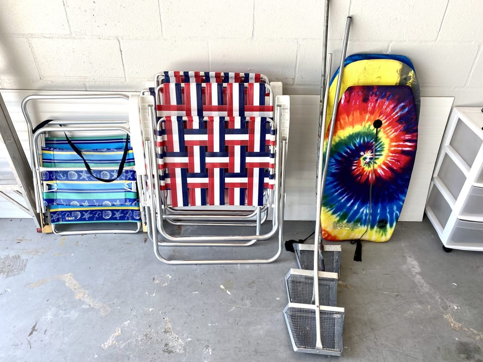 Beach chairs, kick boards and shark tooth strainers for guest use.