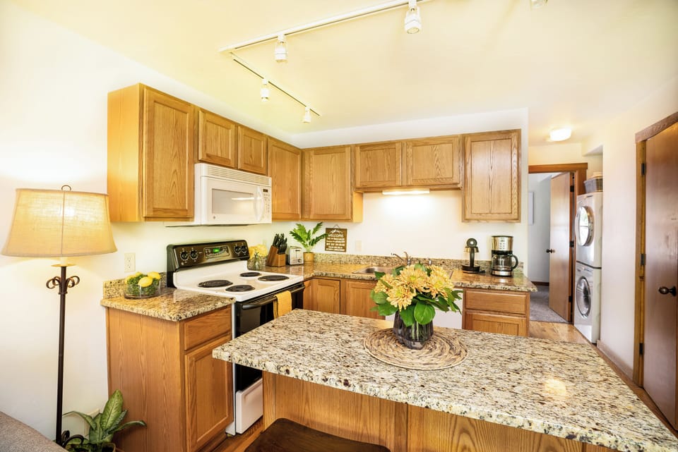 Kitchen, dishwasher, microwave & refrigerator.