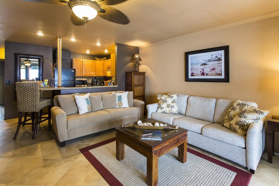 Spacious seating including a brand new and comfortable queen sofa bed.