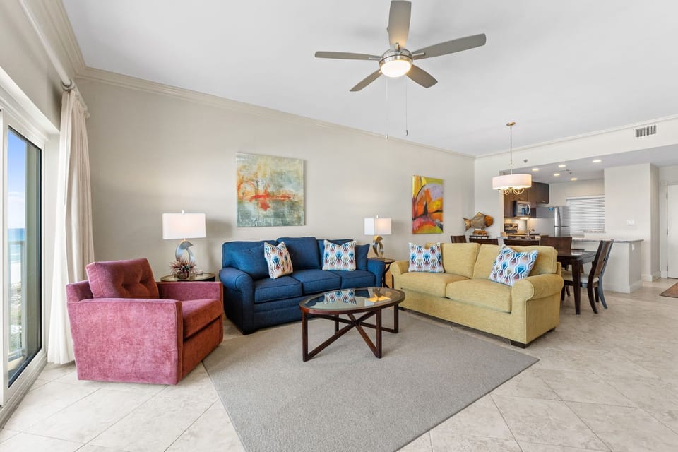 Relax on the sleeper sofa with beach views beyond.