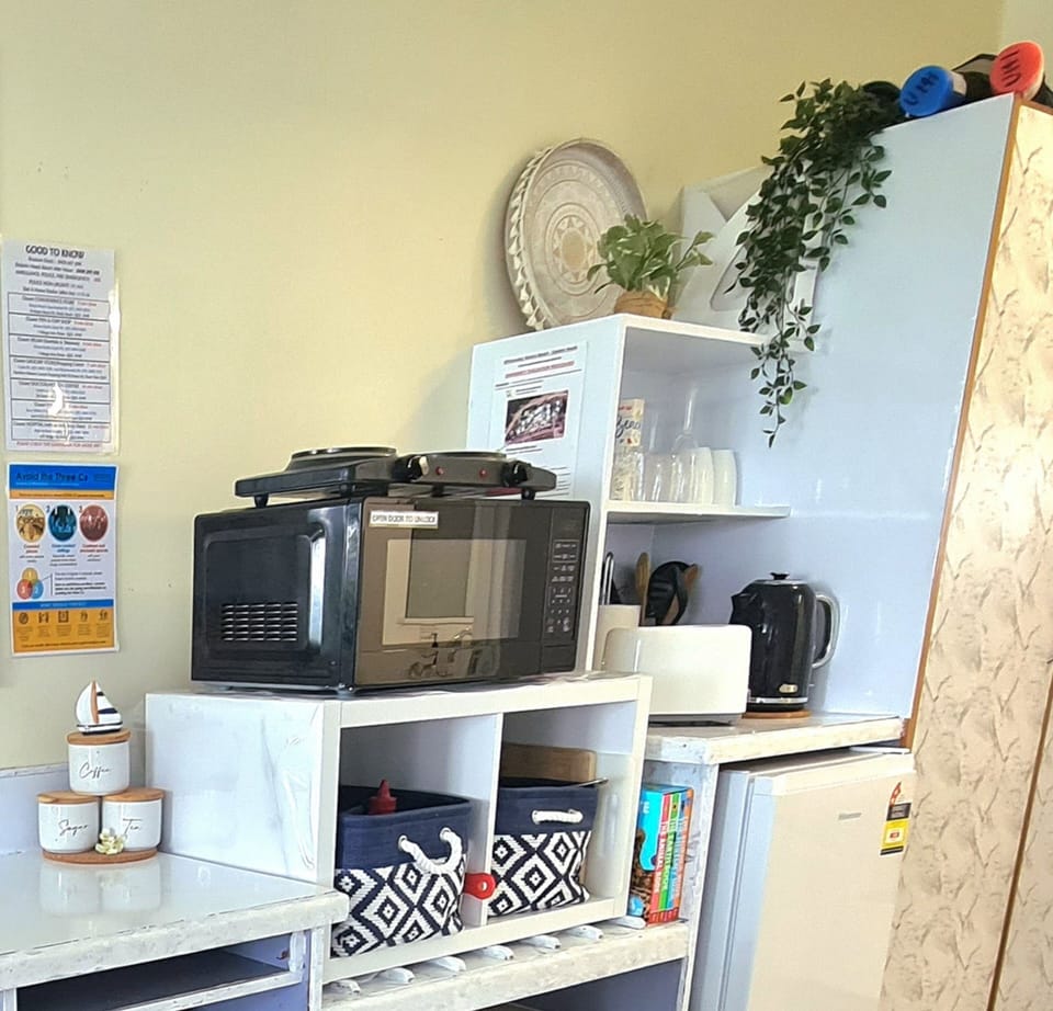 Kitchinette area with toaster, jug, microwave, 2 hot plates & bar fridge/freezer