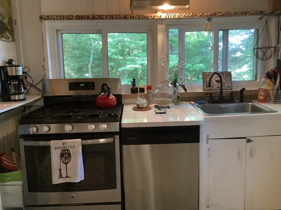 Fully equipped kitchen with stove, oven,  microwave, dishwasher, condiments 