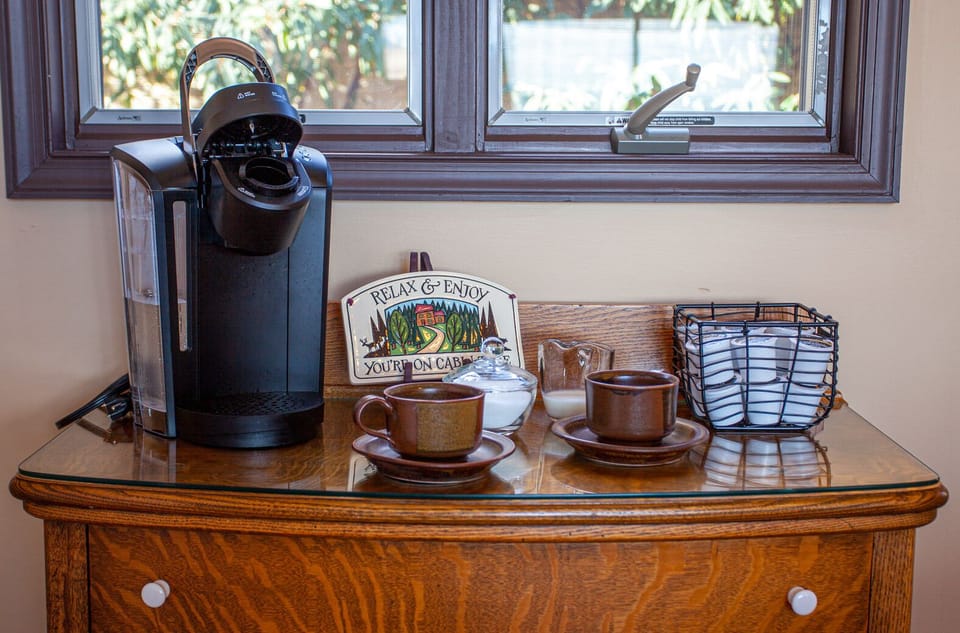 We've made sure to place our favorite coffee here. Also coffee pot + grinder