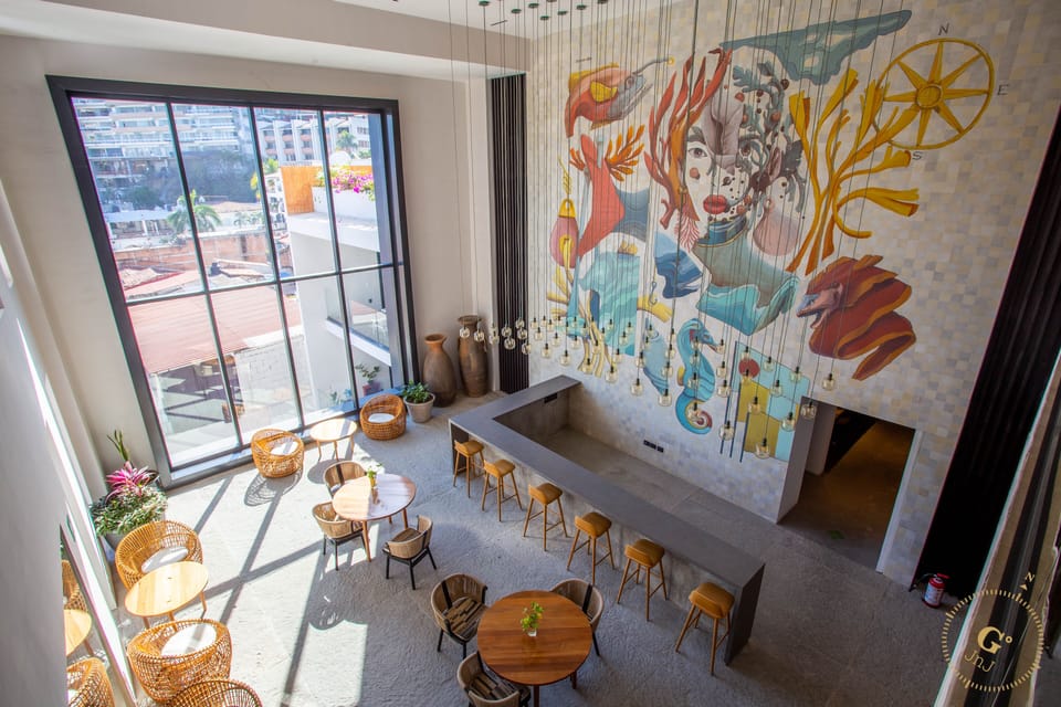 Vibrant Mexican textures can be seen throughout the two story indoor bar, with a double-height vista window facing the majestic Sierra Madre Mountains.