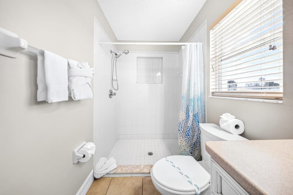 Low-ledge walk-in shower with adjustable, handheld shower head
