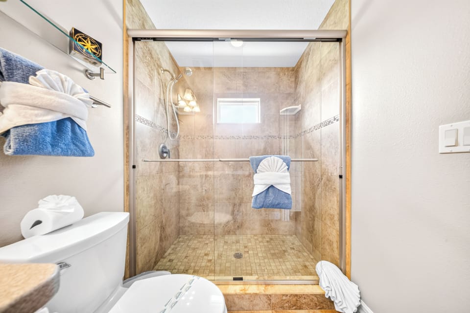 Low-ledge walk-in shower with adjustable, handheld shower head