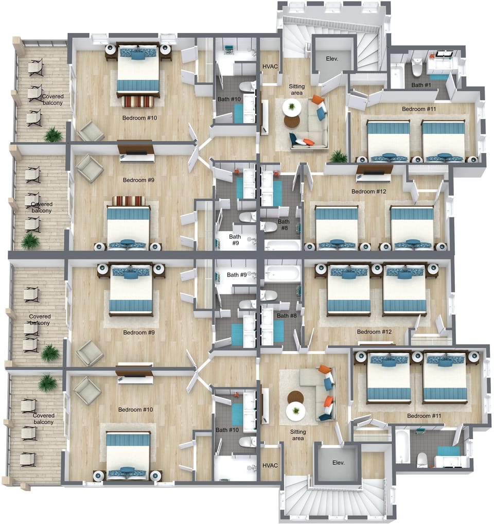 3rd Floor-This listing in for East And West Units (3rd Level (Bdrm 11 has 2 sets of queen over queen bunks - sleeps up to  8)