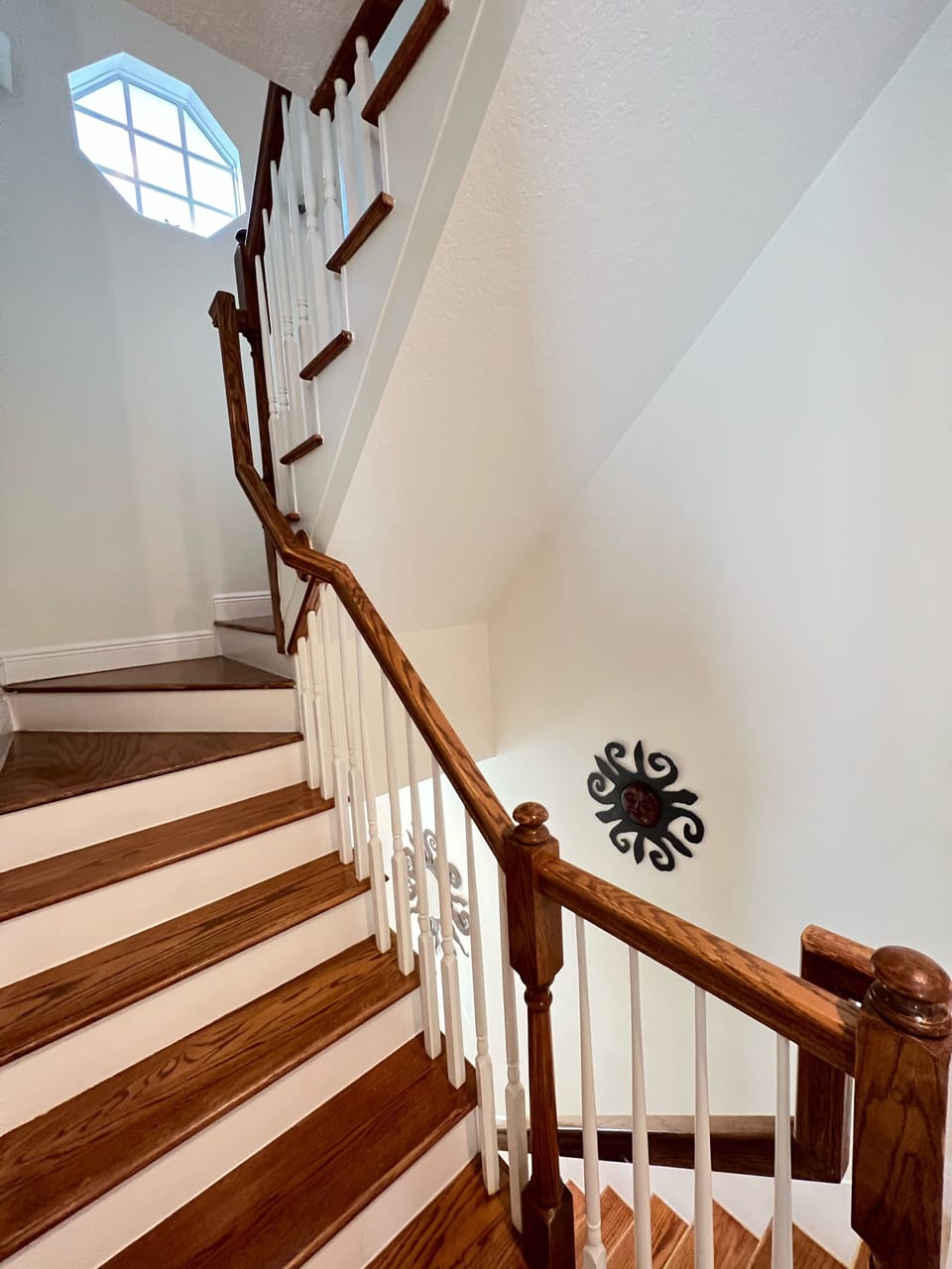 Tri-level home with interior stairs.