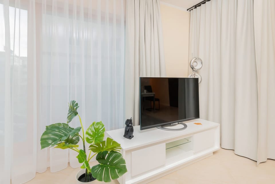 A relaxing corner of the living room, featuring a flat-screen TV, plants, and soft curtains.