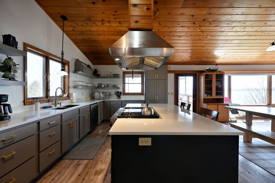 Looking into the breakfast bar and kitchen area.