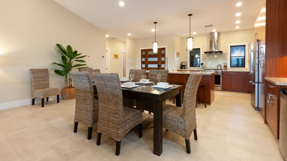 Indoor dining table that seats six