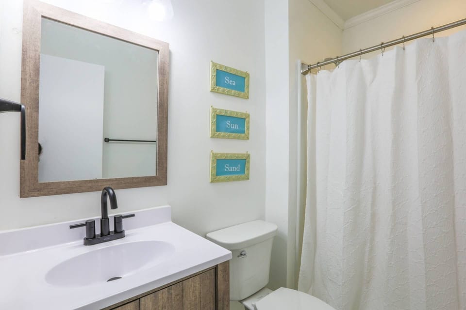 The primary en suite bathroom has a new vanity and a shower/tub combo.