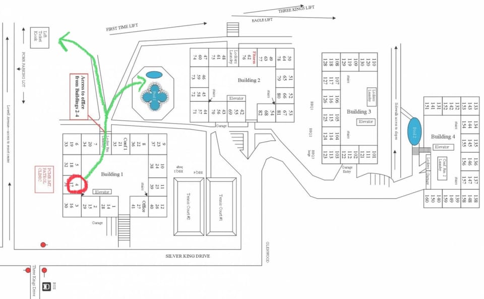 Location of condo and path to lift access and pool area indicated.