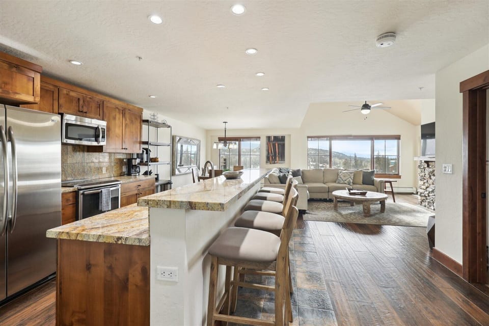 Main Living Space, Kitchen and Dining - TV, Gas Fireplace, Deck and Views