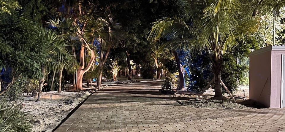 Resort-style entrance and lighting.