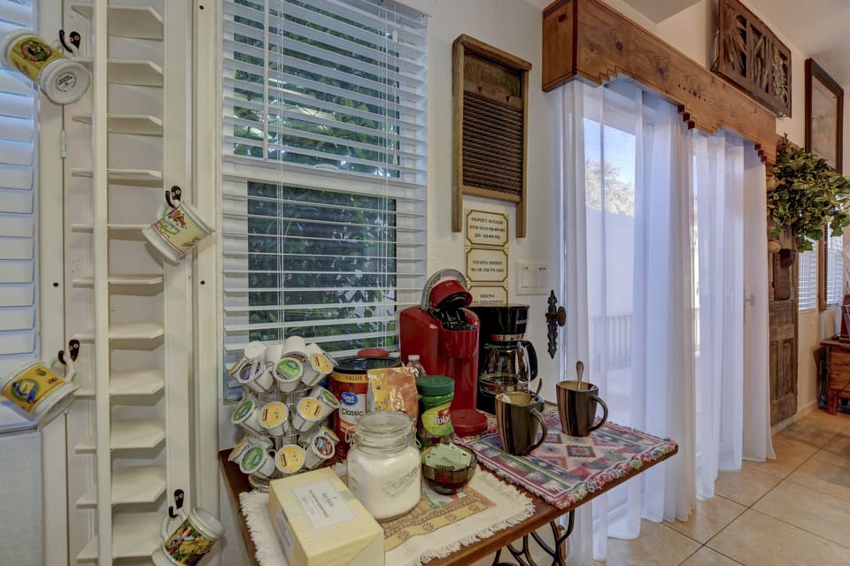 Coffee and tea bar... multiple "flavors" of coffee/tea, sweetener and creamer. 