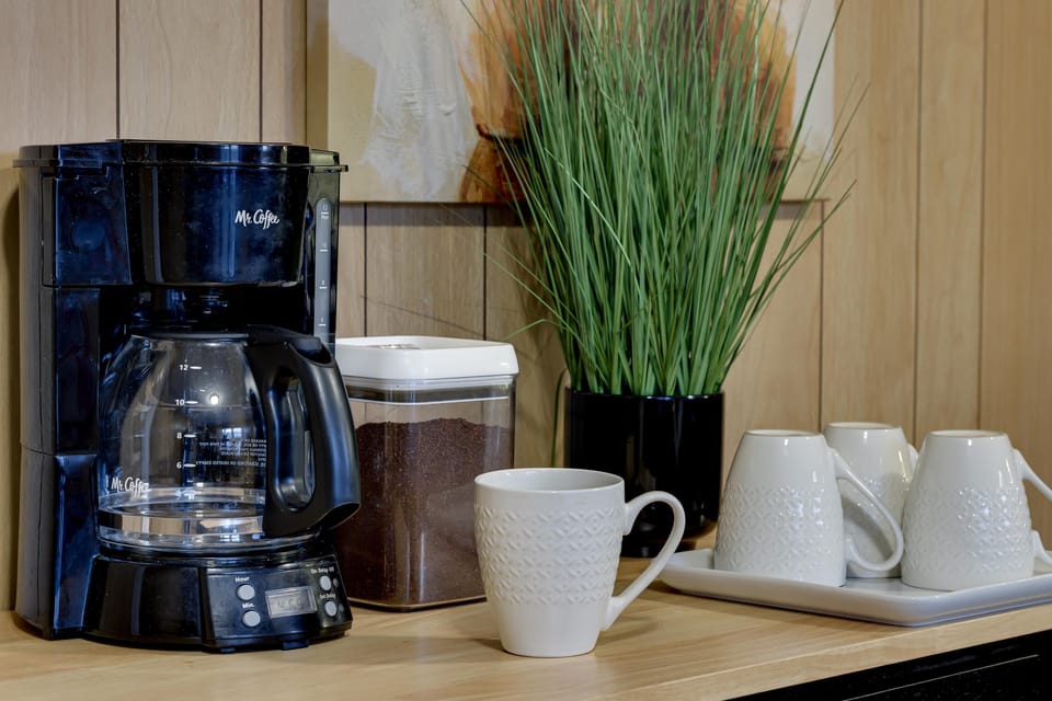 Black Mr. Coffee machine on wood countertop with textured white mugs, coffee grounds container, and tall green plant.