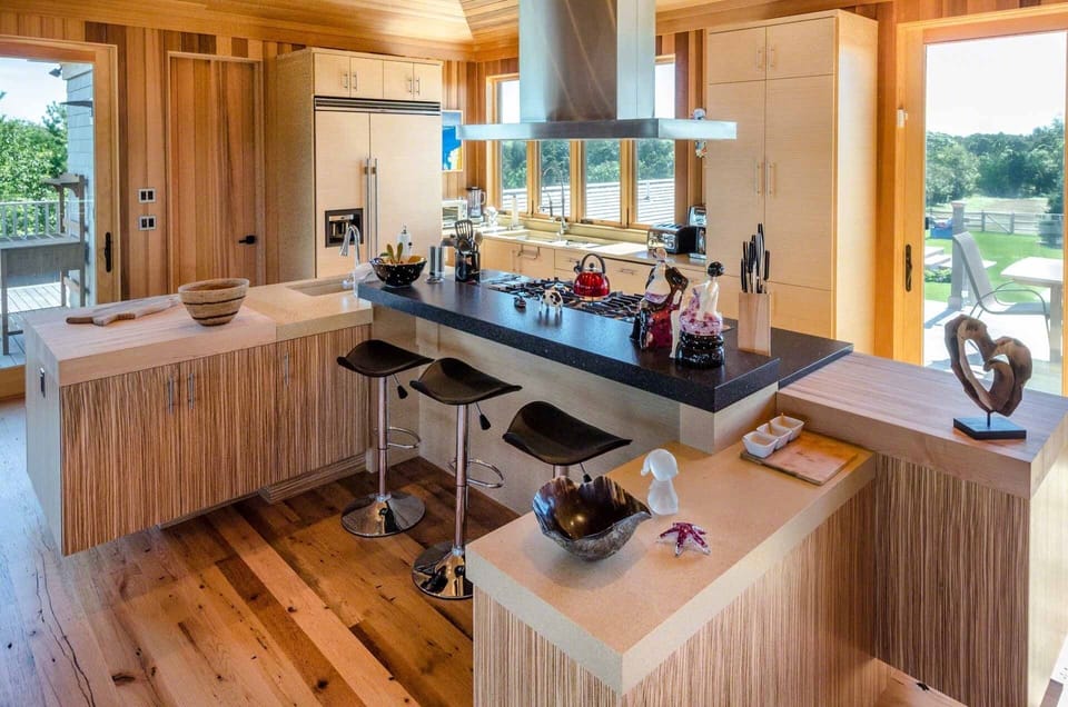 Kitchen Features Breakfast Bar/Cooking Island With Butcher Block, Stone & Bamboo Countertops & Cabinets