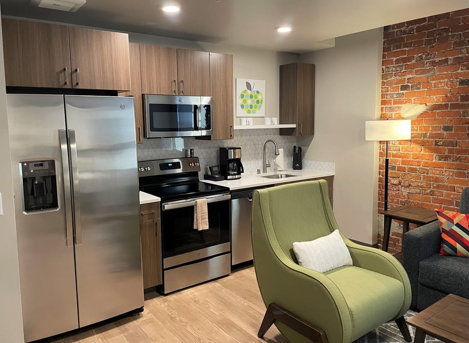 Living room with view of kitchen